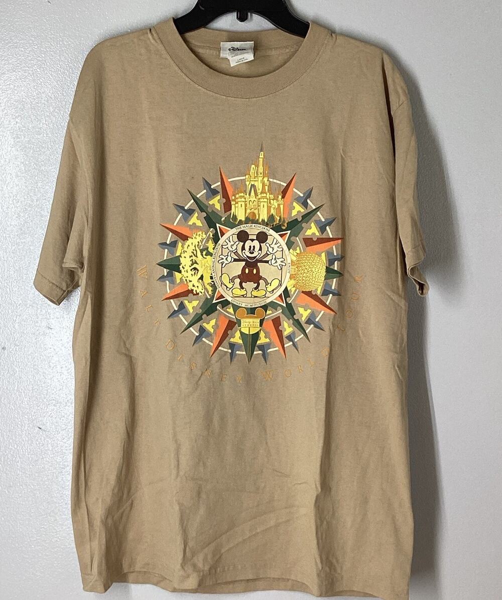 Vintage Walt Disney World Tour Mickey Mouse Shirt Mens Tan Large Short Sleeve